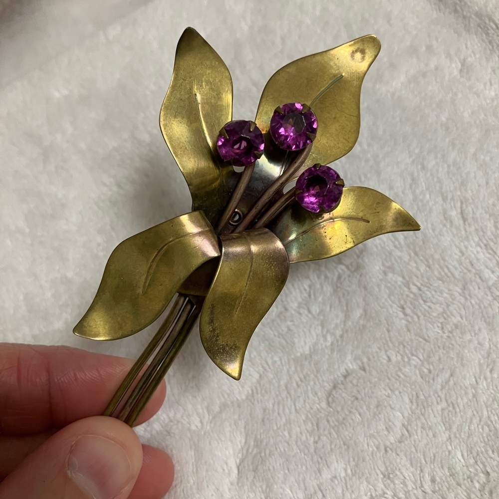 Oversized Vintage Brass? Floral Brooch with Purple Rhinestones 1940s?